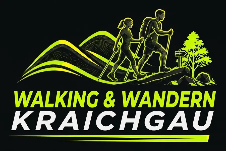Logo „Walking & Wandern Kraichgau“: zwei Personen mit Stöcken auf einem Hügelweg